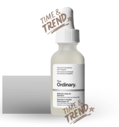 A 30ml frosted glass bottle of The Ordinary Salicylic Acid 2% Solution with a dropper, featuring a white label with black lettering.
